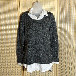 AB Studio Twofers Gray Pebbled Sweater W/Faux White Dress Shirt Under Medium NWT